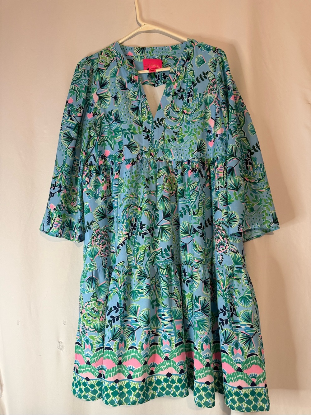 Lilly Pulitzer Martine Dress M Blue Green Pink Tropical Tiered Bell Sleeve